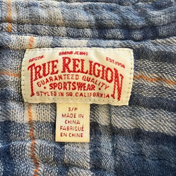True Religion Flannel Workwear Shirt in Blue-White-Orange Plaid in Size Small - Picture 2 of 7